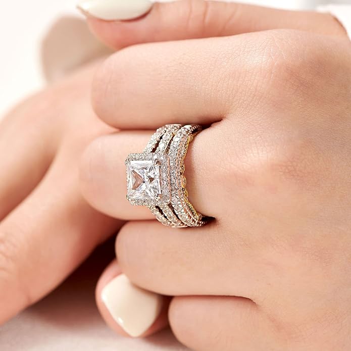 Wuziwen Princess Cut Engagement Rings for Women Sterling Silver Cubic Zirconia Wedding Bridal Ring Set