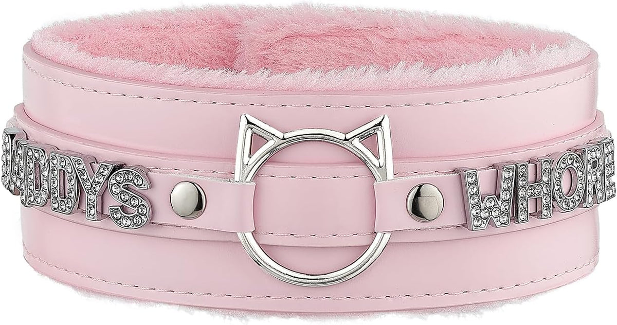 Handmade Collar Choker Necklace for Women – Cat Ear O-Ring Punk Goth Letter Choker,Black/Pink Furry Alt Fashion Jewelry