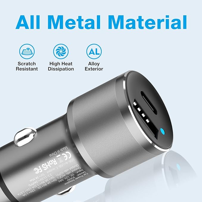 MOCA 38W Fast Car Charger, Dual Port USB C Power Delivery All Metal Lighter PD/ QC3.0 Car Charger with 2 Pack PD Lightning Cord Quick Charging for iPhone 16 15, Samsung Galaxy S25 S24, Pixel, Android