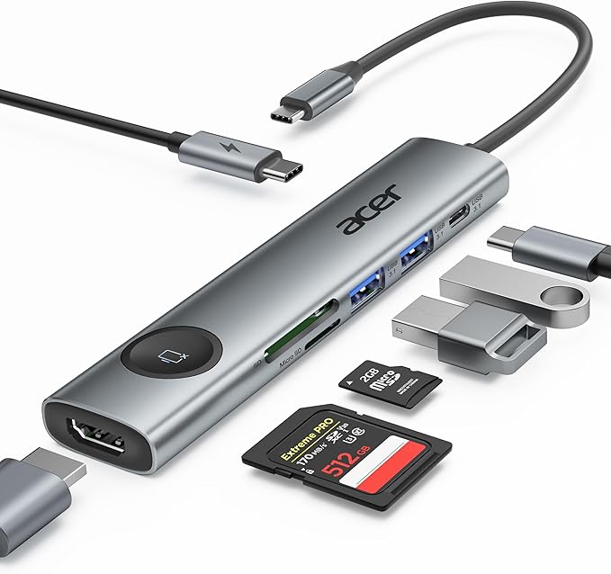 Acer USB C to HDMI Multiport Adapter, 7 in 1 USB-C Hub with HDMI 4K@60Hz, 100W PD, 2 USB-A 3.1 and 1 USB C 3.1 with 5Gbps, SD Card Reader, Type C Dongle for MacBook Pro/air, iPad, iPhone 16/15, Grey