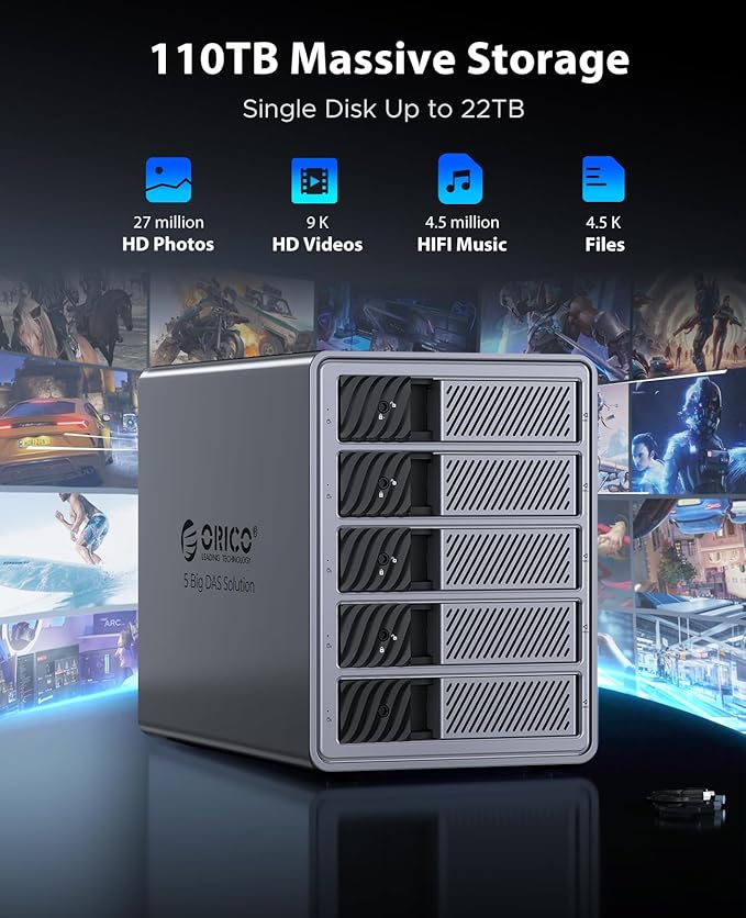 ORICO RAID 5 Bay HDD Enclosures USB 3.0 Push-Pull Mounting for 3.5-inch HDD, Max 110TB, External Direct Attached Storage 8 RAID Modes Supported 9858RU3