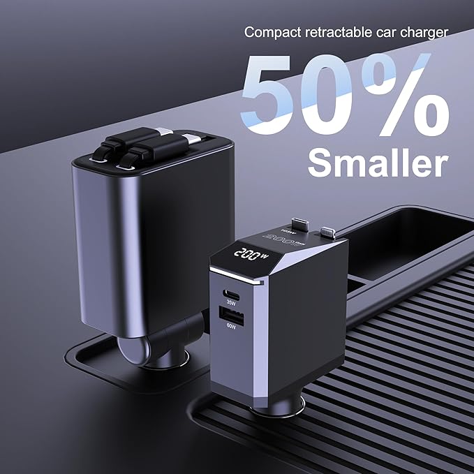 Aftertop 200W Retractable Car Charger, 3-in-1 Independent Fast Charging, 2.3ft 105W Retractable Cable, Power Display USB C Car Charger for MacBook Pro, iPhone 16 15, Galaxy S25 S24 Ultra etc