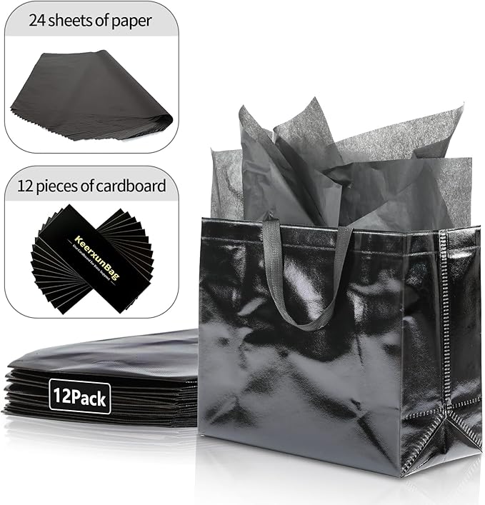 KeerxunBag 12Pcs Reusable Gift Bags（Includes Tissue Paper） Gift bag with handle Birthdays Parties Holidays Weddings Medium 13x5x11in Black Gift Bags