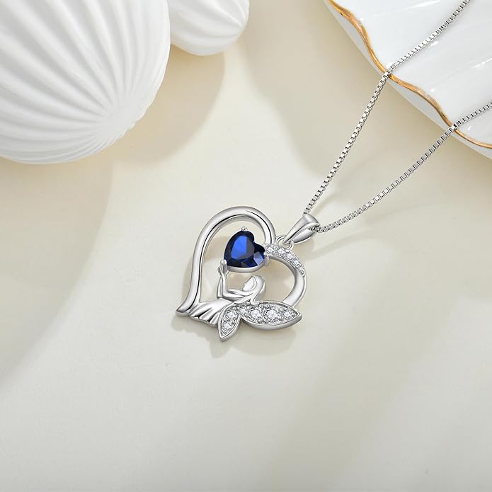 Guardian Angel Necklace 925 Sterling Silver Heart Angel Wings Pendant Birthstone Jewelry for Women