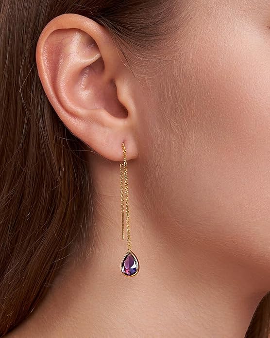 Long Dainty 18K gold plated Threader Chain (Green, Purple) Emerald Purple Dangle Earrings for Women by SNGIA, Minimalist Fashion Statement Trendy Thin Drop Jewelry Gifts