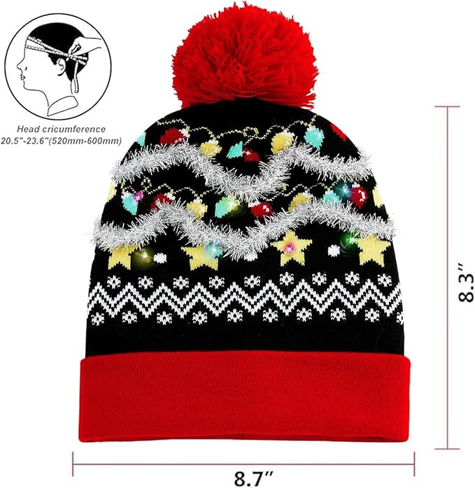 RAISEVERN Unisex Ugly LED Christmas Hat Novelty Colorful Light-up Stylish Knitted Sweater Xmas Party Beanie Cap(6 Lights)