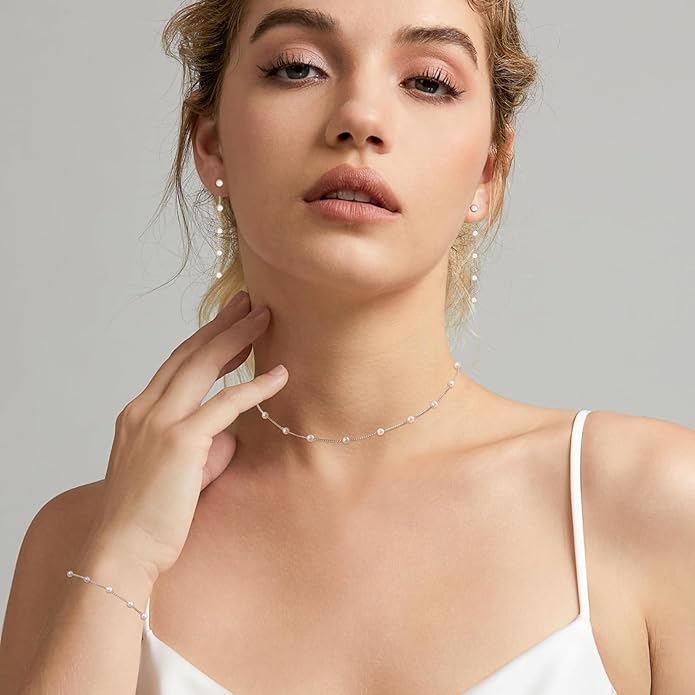 Zeffy Gold Pearl Necklace for Women, Dainty 14K Gold/Silve Plated Layered Pearl Choker Pearl Earrings Pearl Bracelets Wedding Trendy Gold Jewelry Set for Women Gifts