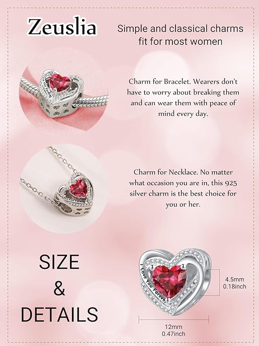 Heart Birthstone Charms for Bracelets, 925 Sterling Silver Women Bead Charms for Charm Bracelets Necklace, Mother's Day Birthday Anniversary Jewelry Gifts for Wife Mom Grandma Daughter
