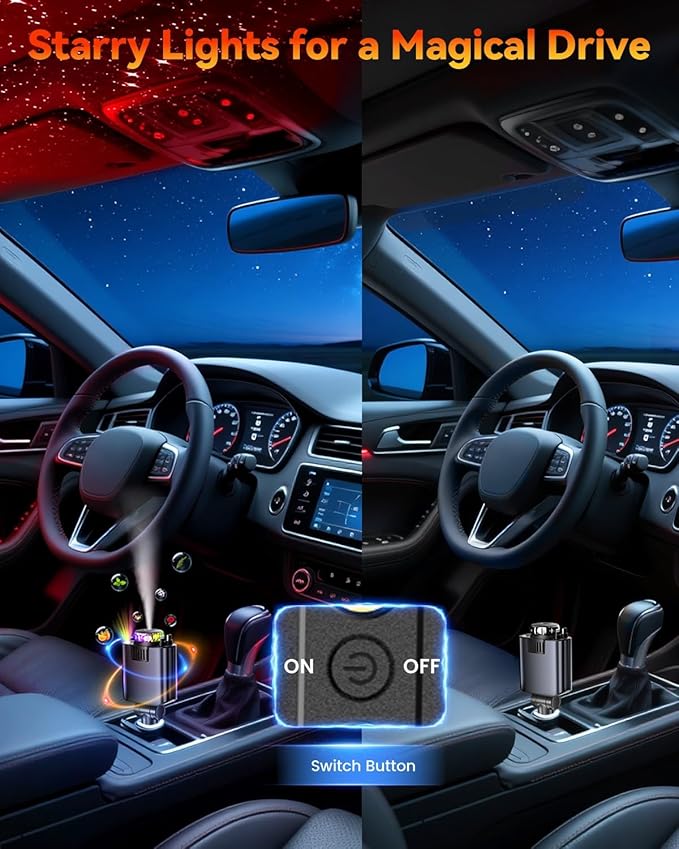 Retractable Car Charger with Air Freshener Diffuser & Star Lights,Multi Port Cigarette Lighter Adapter for iPhone Car Phone Charger USB-C/Type-C Fast Charging with 2 Retractable Cable (Black)