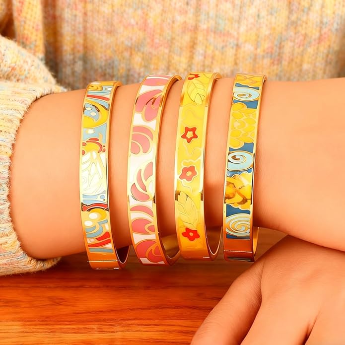 Enamel Bangle Set, 18K Gold Plated Stainless Steel, 4-Piece Bracelet Handcrafted Gorgeous Collection with Abstract and Floral Patterns, 6-7 Inch Wrist Size, Women's Fashion Jewelry