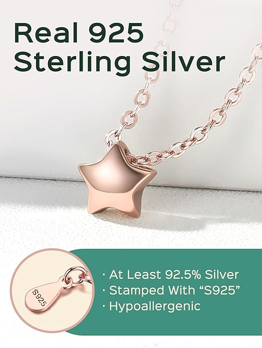 ChicSilver Personalized 925 Sterling Silver Dainty Small Heart/Star/Moon/Dot/Triangle Pendant Necklace for Women, Silver/Gold/Rose Gold/Black (with Gift Box)