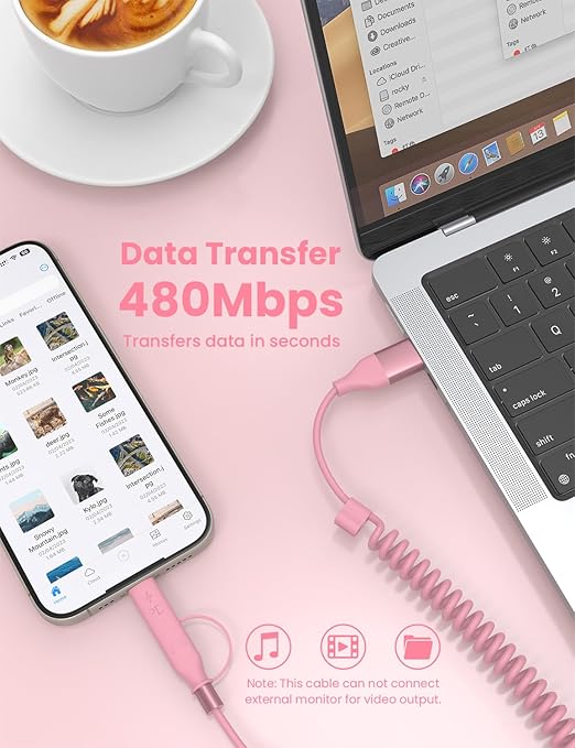 Coiled USB-C and Lightning Cable 2-in-1, 3FT Pink iPhone 15 16 Car Charger Cord, 60W Fast Charging Cable for iPhone 17, Samsung Galaxy, Cute Pink Car Accessories Supports Apple CarPlay & Android Auto