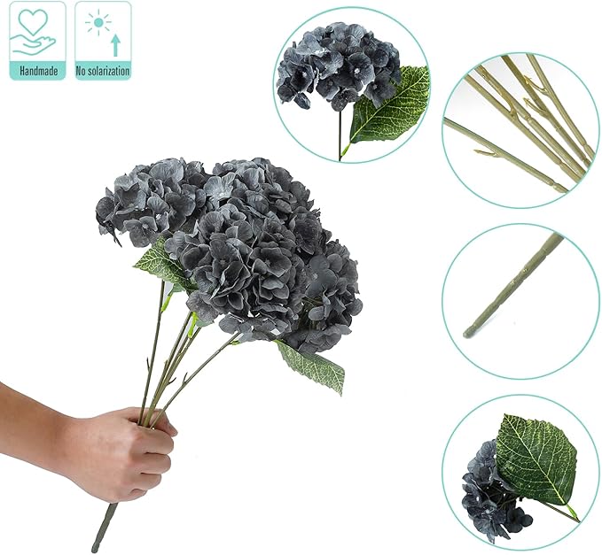Kimura's Cabin 2Bouquets Fake Flowers Vintage Artificial Silk Hydrangea Flowers Bouquets 10Heads for Indoor Home Table Centerpieces Wedding Halloween Party Decoration (Dusty Black Blue, Pack of 2)