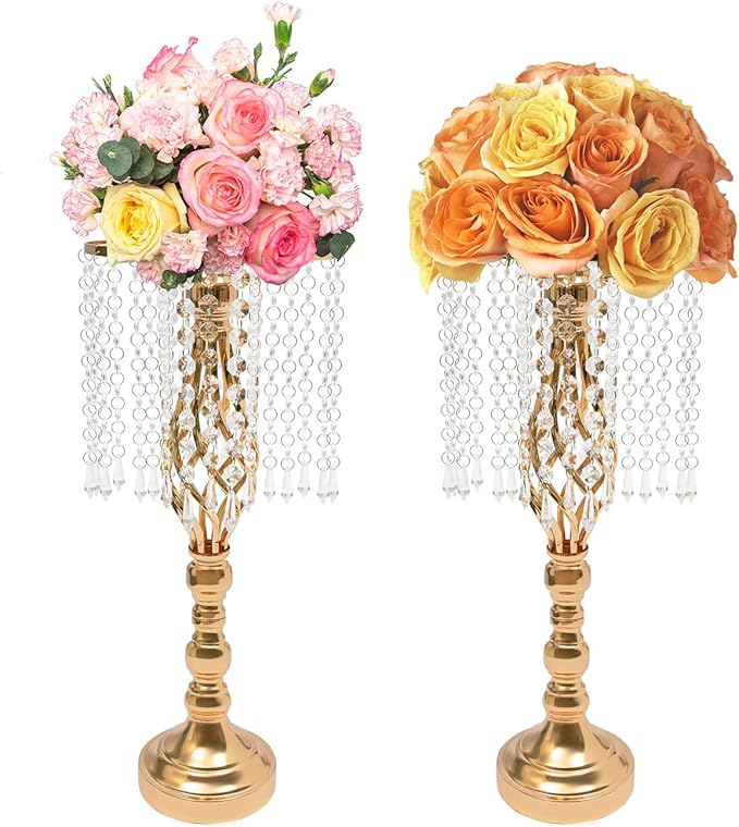 Wedding Centerpieces Gold Vases,10PCS Metal Flower Candle Holder with Sparkling Crystal Beads,Crystal Flower Vase Metal Flowers Stand for Party Tables Decorations (10PCS-Gold-15)