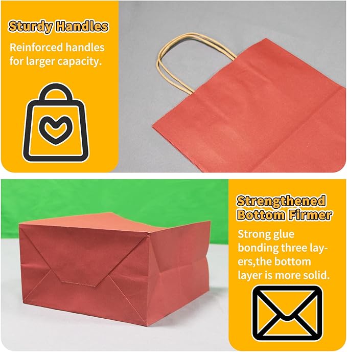 FACEBAG 50-Pack Red Paper Bags with Handles Bulk,8x4.25x10.5 Inch Gift Bags, Red Kraft Paper Bags, Applicable to Retail, Party, Shopping, Festival，Commercial and Wedding Events，Reusable & Durable