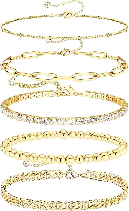 DEARMAY 14K Gold Plated Bracelets for Women, Jewelry Sets Cute Tennis Beaded Bracelets Cuban Link Paperclip Chain Dainty Bracelet Pack Gifts