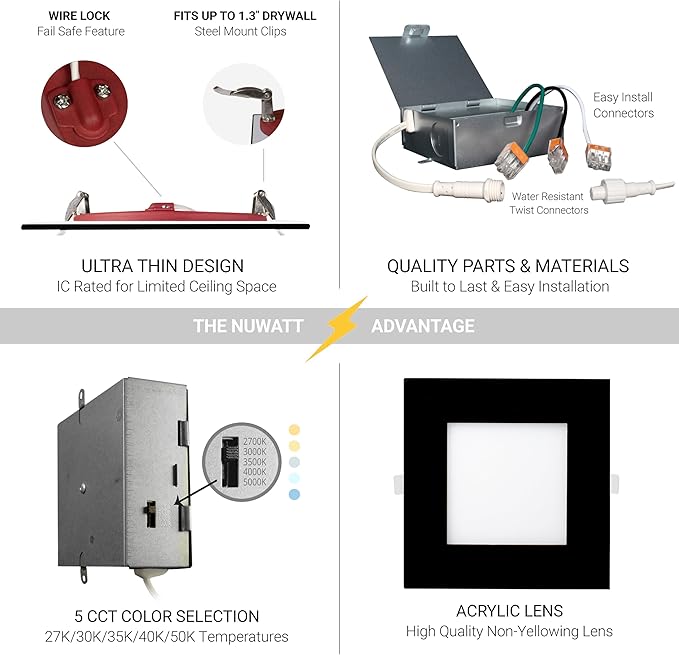 NUWATT 2 Hour Fire Rated Recessed Lighting 6 Inch, Square LED Lights, 5 CCT 2700K/3000K/3500K/4000K/5000K, 15W, Dimmable 1200LM, Black Recessed Lights, Wet & IC Rated, ETL, No Tenmat Needed, 6 Pack