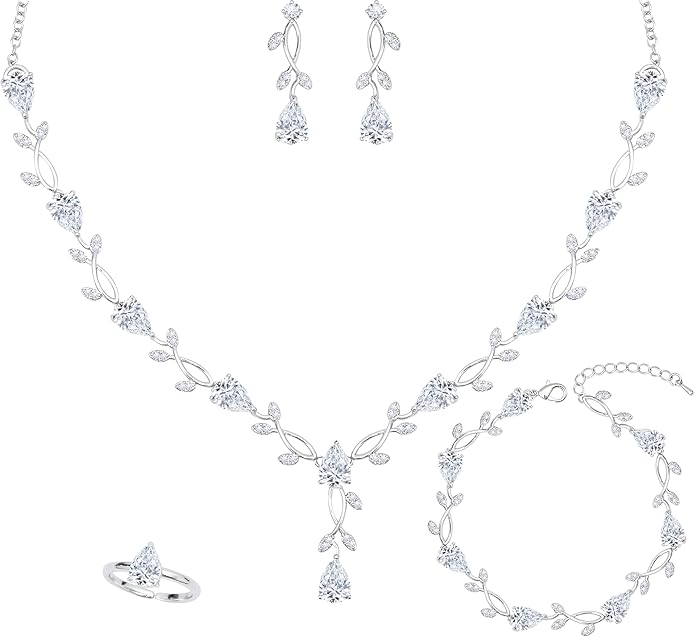 4-Piece Wedding Jewelry Set for Women Platinum Plated Cubic Zirconia Teardrop Necklace Earrings Bracelet Adjustable Ring Bridal Bridesmaid Prom Accessories with Gift Box