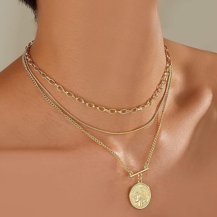 LANE WOODS Gold Plated Necklaces for Women - Multilayer Coin Medallion Pendant Necklace Adjustable Layering Choker Necklaces Chain Set Jewelry