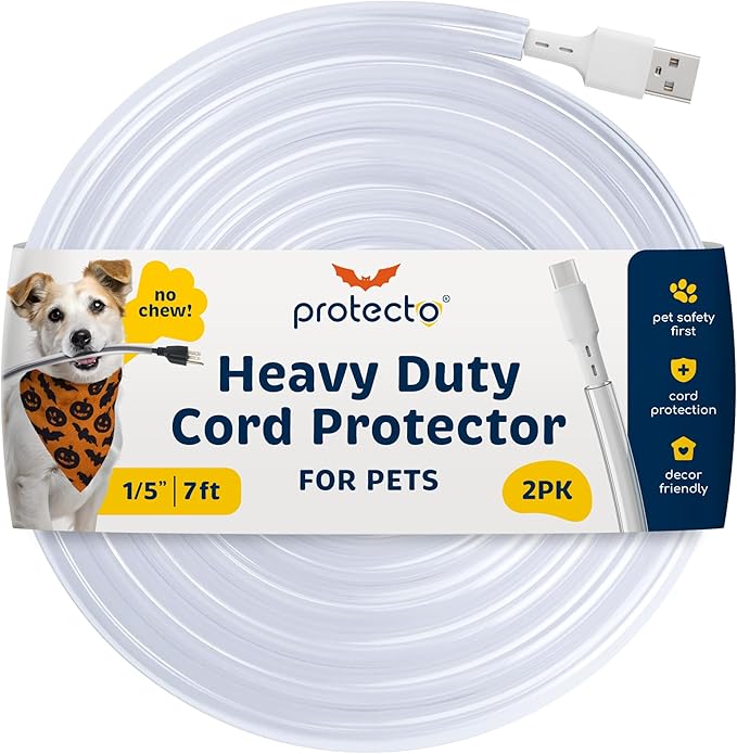 PROTECTO 2-Pack Heavy Duty Cord Protectors from Pets No Chew Solution, 7ft Easy to Use Dog & Cat Cord Protector, Clear & Odorless Critter Cord Covers for Pets, Power Audio Video Wire Protector Tubing