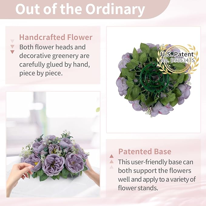 NUPTIO Artificial Flowers Ball Centerpieces: 2 Pcs 9.8 Inch Diameter Fake Kissing Rose Floral Balls for Wedding Party Bridal Shower Valentine Home - Purple Bouquet Arrangement Decorations for Table