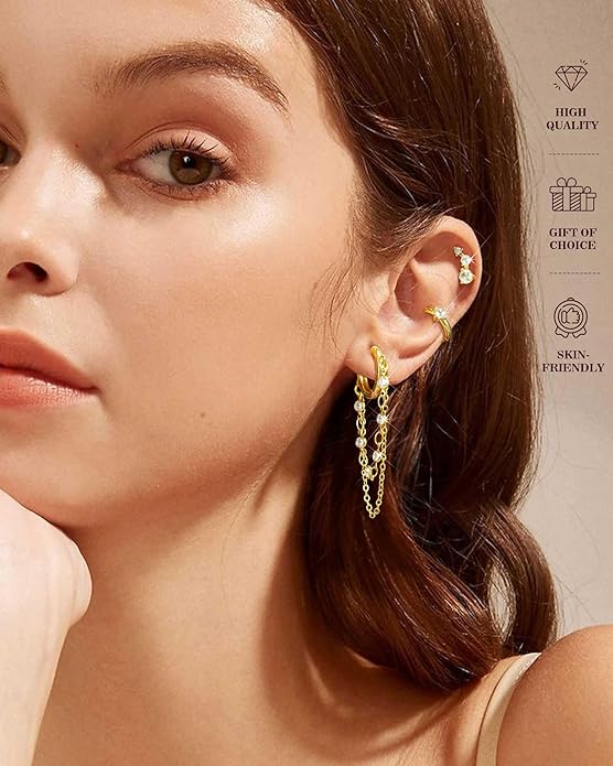 Tassel Chain Small Gold Hoop Dangle Earring For Women Huggie Earring Heart Star CZ 14K Gold Plated Fashion Jewelry Friendship Gift
