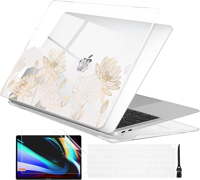 Batianda Design Case for M1 MacBook Air 13 Inch Model A2337 A2179 A1932 2021 2020 2019 Release,3D Painted Hard Shell with Keyboard Cover & Screen Protector, Golden Lotus