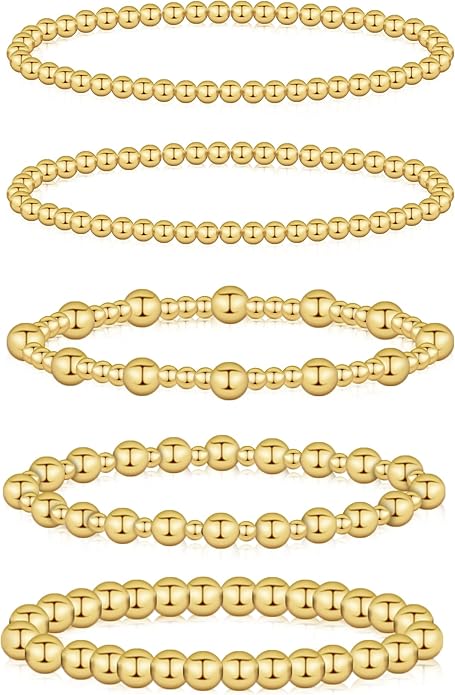 wgoud Gold Bracelets for Women - Trendy 14K Real Gold Plated Beaded Bracelet Set with Stretch Beads, Waterproof, Adjustable, Perfect Gifts