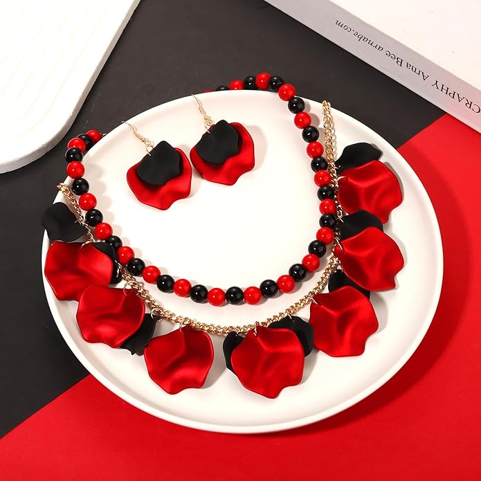 Flower Petal Necklace Earrings Set Layered Statement Beaded Jewelry Set for Women Summer Necklace Earrings