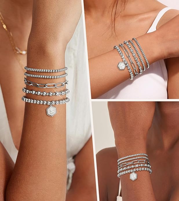 adoyi Gold Bracelets for Women Beaded Bracelet 14K Gold Plated Bracelet Stack Strand Stretch Bead Ball Bracelet Set Stackable Bracelet Adjustable Bracelet Set Jewelry for Gifts