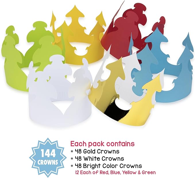 Hygloss Assorted Colors Paper Crowns 144 Pack - Paper Crowns for Kids to Decorate - Craft Activity - Blank Crown for Adults - Perfect for Parties, Celebrations - DIY Crown Crafts