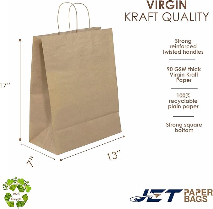 JET PAPER BAGS - 13”x7”x17” Inch [100 Pcs] Large Brown Paper Bags with Handles Prime for Takeout, Grocery, Goody, Retail, Party, Gifts, Weddings