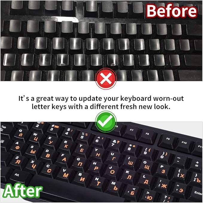 2PCS Russian Keyboard Stickers, Russian-English Keyboard Letters Replacement Sticker Orange Font with Black Background for PC Computer Laptop Notebook Desktop, Cyrillic Keyboard Alphabet Stickers