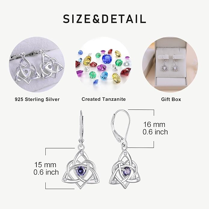 Starchenie Celtic Knot Dangle Earrings Sterling Silver Trinity Love Knot Leverback Earrings Gemstones Jewelry for Women