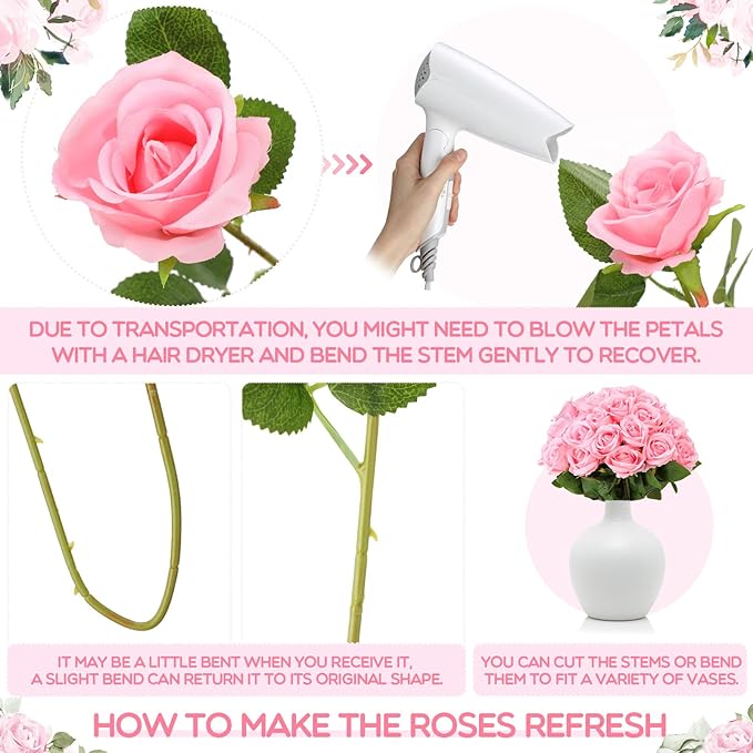 Hotop 80 Pcs Rose Artificial Flowers Bulk with Long Stem, Silk Roses Realistic Fake Flowers Bouquet for Wedding Table Centerpieces Bridal Shower Party Home Decorations(Pink)