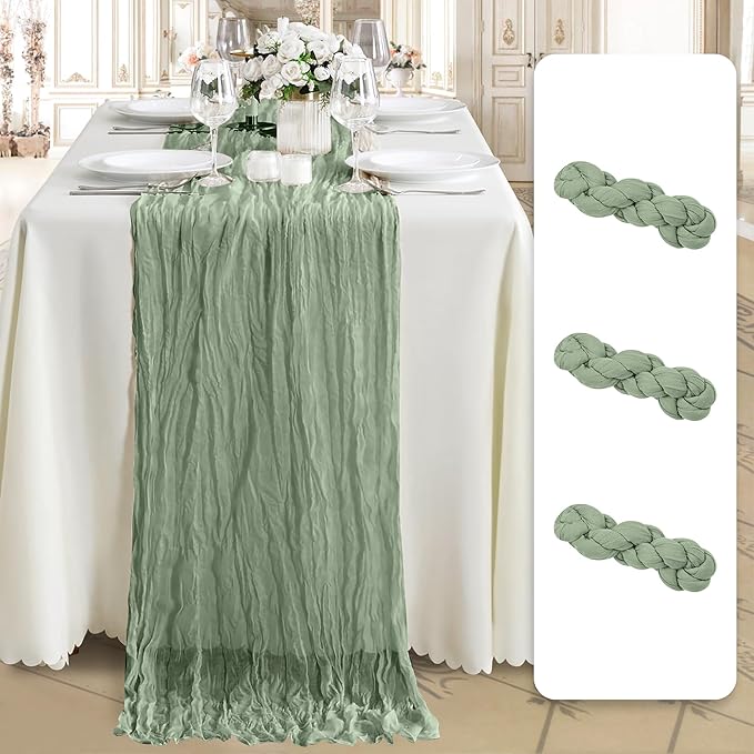Cheesecloth Table Runner 3 Pack – 35x120 Inch (10ft) Boho Rustic Gauze Cloth Runners – Crinkle Polyester Table Decor for Wedding, Baby Shower, Bridal Shower, Birthday Party and More (Sage Green)