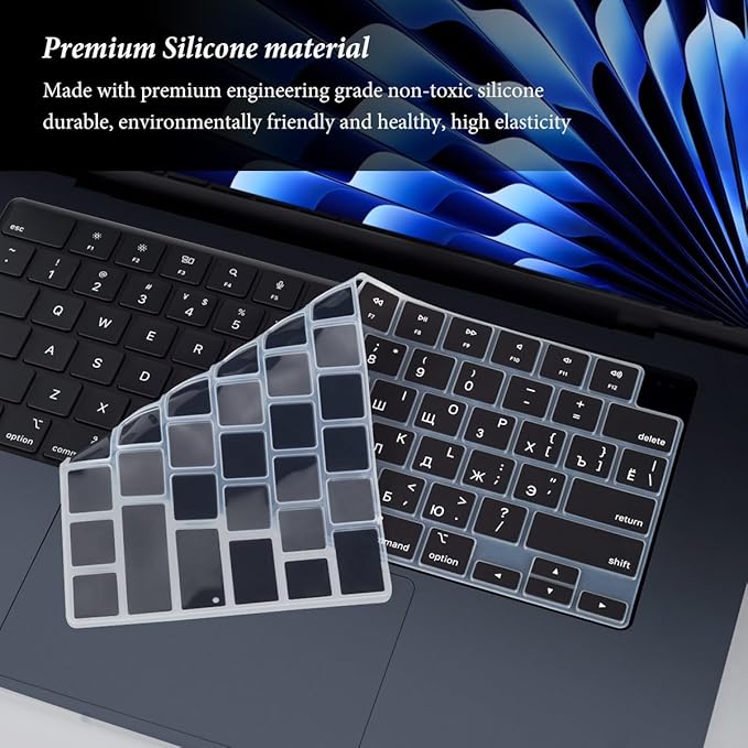Russian Language Keyboard Cover Skin Compatible for 2025-2022 MacBook Air 15.3 inch A2941 A3114 A3241/MacBook Air 13.6 inch A3113 A2681 A3240 with M4 M3 M2,MacBook Air 2025 Keyboard Protector-Black