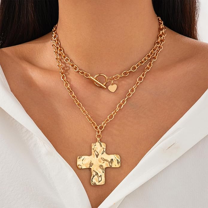 Atiptu Gold Chunky Cross Necklace for Women Statement Cross Pendant Necklace Layered Hammered Bold Cross Necklace Vintage Toggle Clasp Necklace Jewelry