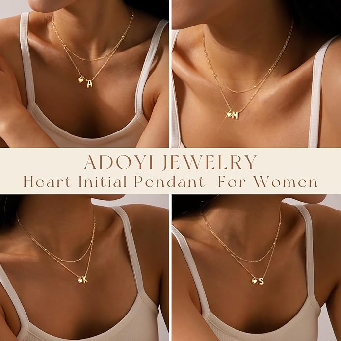 adoyi Valentines Day Gifts for Women Hers Dainty 14K Gold Plated Heart Initial Necklaces Layered Letter A-Z Pendant Necklace Stack Trendy Jewelry Birthday Valentines Day Gifts for Women Jewelry