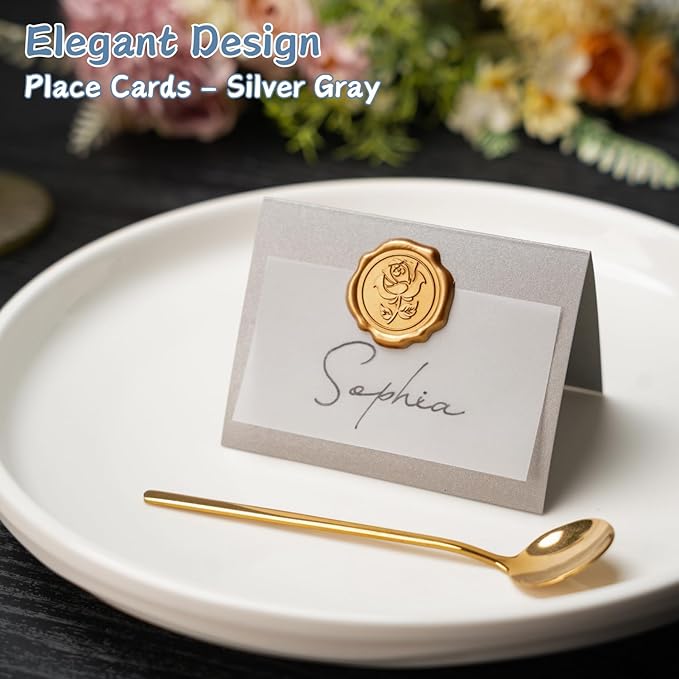 25 Pack Name Cards for Table Setting, Place Cards with Antique Gold Rose Wax Seal Sticker for Wedding, Table Tent Card Stock Handmade Decor for Party, Dinner, Home (Pearlized Silver Gray)