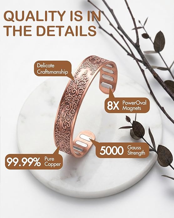 Feraco Copper Bracelet for Men, 5X Ultra Strength Magnetic Cuff Bangle with 5000 Gauss Neodymium Magnets, 99.99% Pure Copper Jewelry Gift, Adjustable