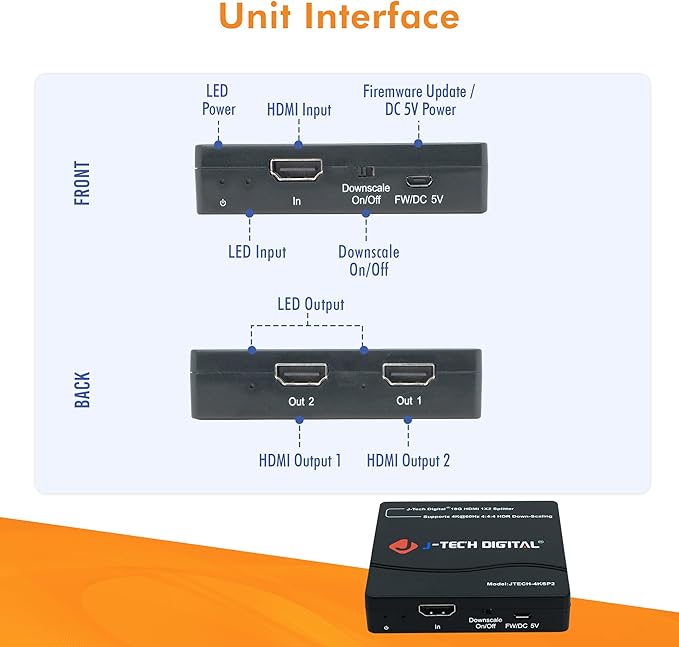 J-Tech Digital HDMI Splitter 1 in 2 Out 4K 60Hz Multi-Resolution Output (MRO) HDMI 2.0 Splitter Supports Downscale HDR HDR10 / Dolby Vision 4K@60Hz 4:4:4 HDCP2.3 2.2 (JTECH-4KSP2)