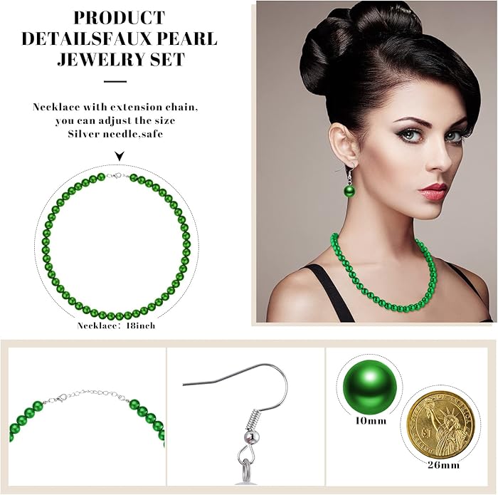 Laumoi Set of 12 Faux Pearl Jewelry 10 mm Round Shell Pearl Big Simulated Pearl Necklace Bracelet Earrings Stunning Bracelet Dangle Earrings Pearl Statement Jewelry Gift for Women, 12 Colors