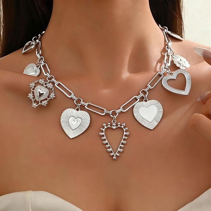 Chunky Gold Necklace Big Heart Necklace for Women Silver Large Statement Necklaces Thick Bold Chain Puffy Love Heart Charm Necklaces for Women with OT Toggle Silver Chunky Gold Jewelry Trendy Valentine's Day Gift