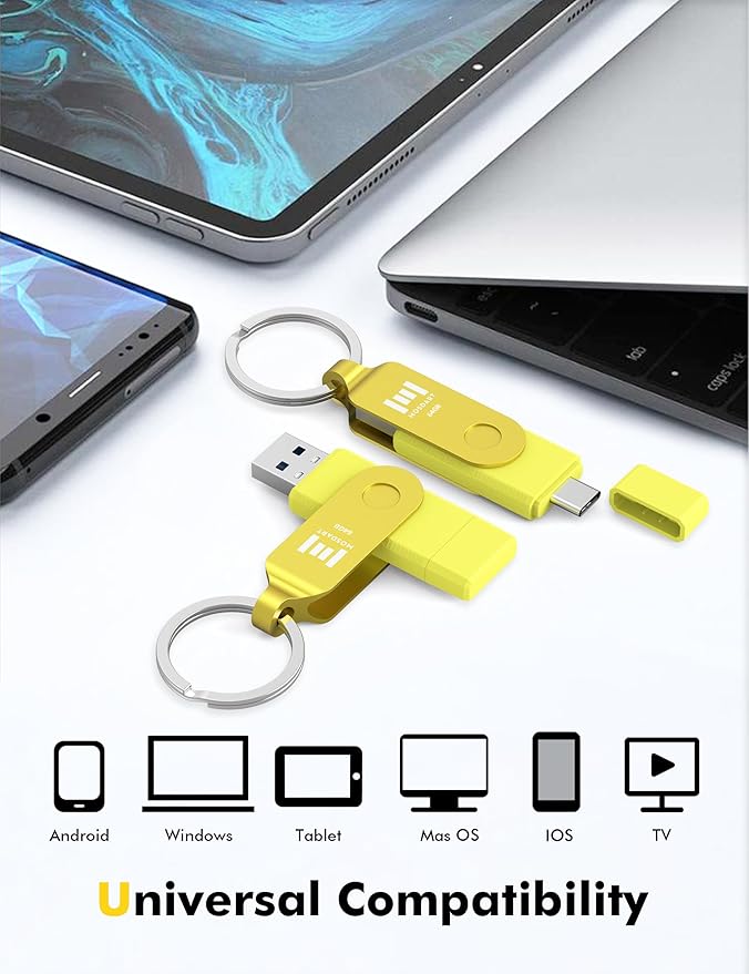 MOSDART 64GB USB3.1 Fast Speed C and A Dual Flash Drive, exFAT Memory Stick with Keychain and LED Indicator, for iPhone 15 and 16, Android Phone, iPad, MacBook, and Other Laptops,Yellow