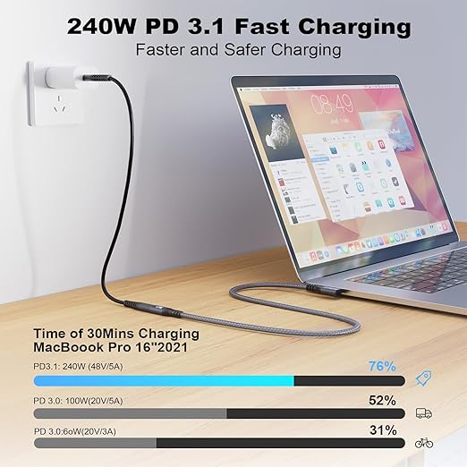 CABLEDECONN USB C 3.2 Gen-2 Extension 1M 3.3FT 90 Degree ElbowThunderbolt 3 240W Fast Charging Cable Male to Female Data Transfer 20Gbps 48V/5A 4K Video Cable Compatible with MacBook