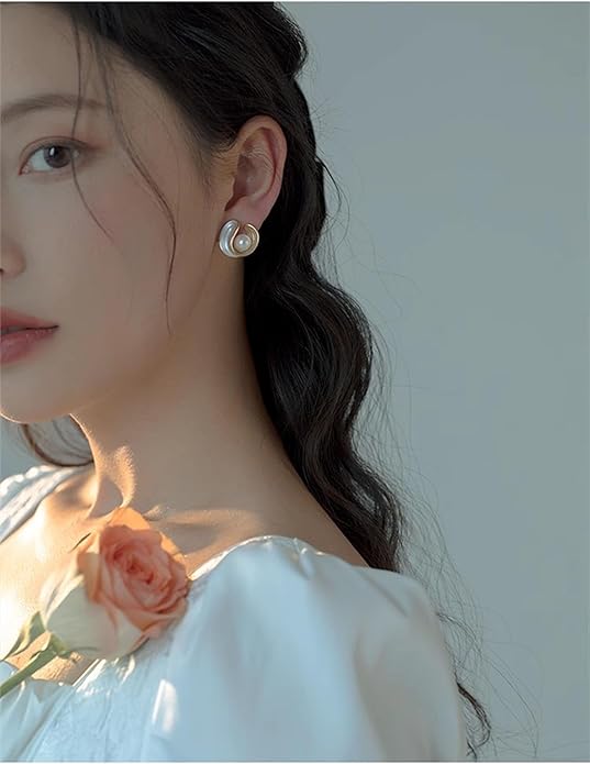 Pearl Stud Earrings for Women Stainless Steel Unique Statement Small Pearl Enamel Button Statement Vintage Earring Jewelry