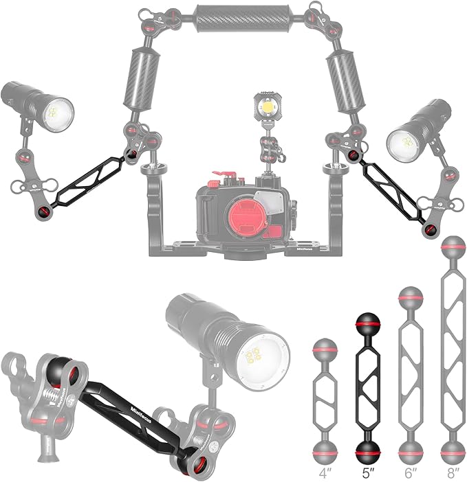 MINIFOCUS 5" Double Ball Aluminum Extension Arm, 1" Ball Head Connector Underwater CNC Arm System Ball Head Extension for Strobe/Video Light/Diving Camera Tray, Waterproof and Rustproof (2pack)