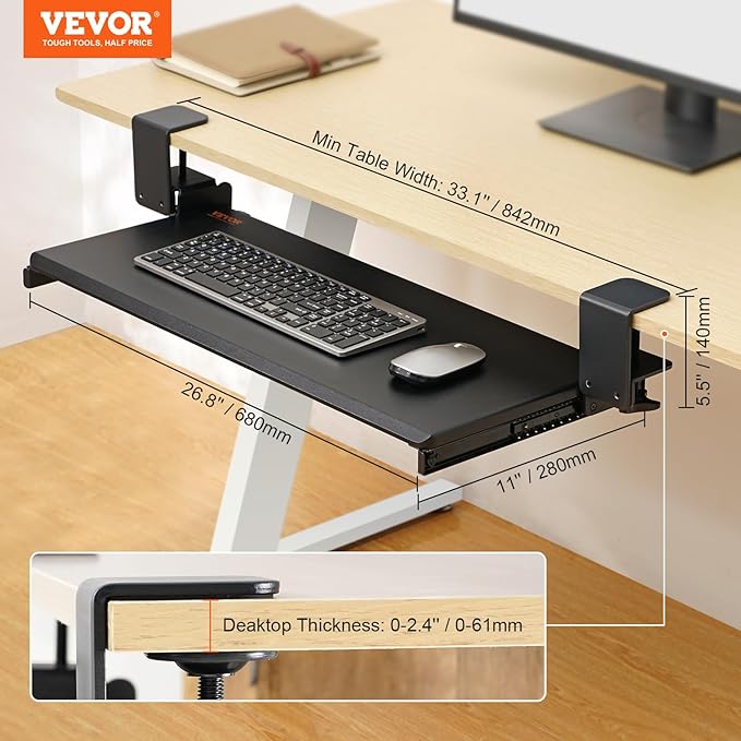 VEVOR Clamp on Keyboard Tray Under Desk, Desk Keyboard Tray Slide Out with Sturdy No-Drill C Clamp Mount, Large 26.8 x 11 inch Slide-Out Computer Drawer for Typing in Home, Office Work