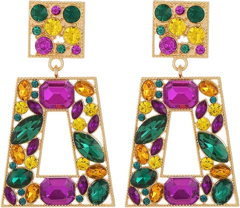 Rhinestone Rectangle Statement Earrings Colorful Crystal Geometric Drop Dangle Earrings for Women Prom Party